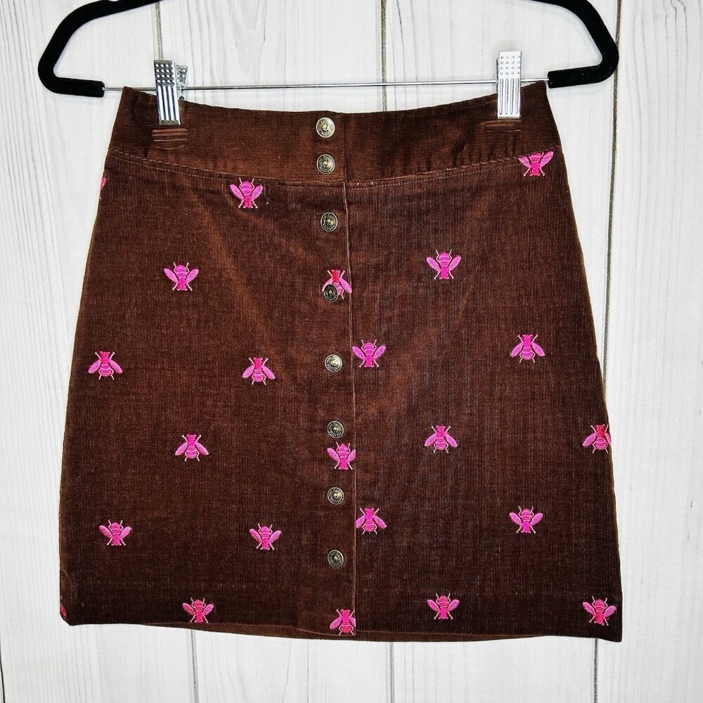 Lilly Pulitzer Embroidered Thin Corduroy Bee Skirt Sz 0 Vintage Brown
